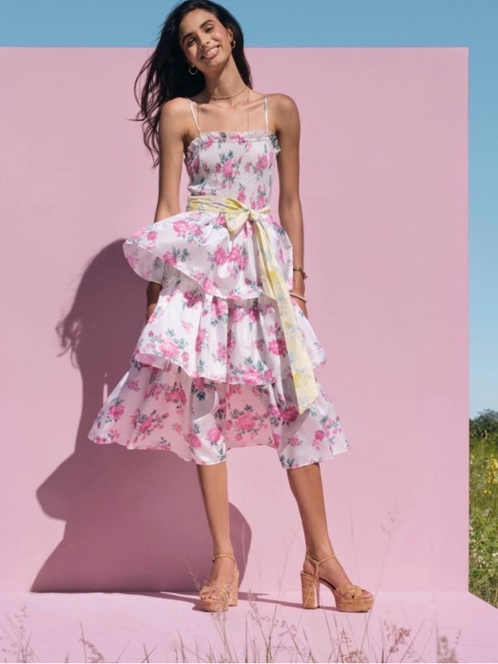 LoveShackFancy / Target collab Pink Floral Smocked Tiered Midi Dress